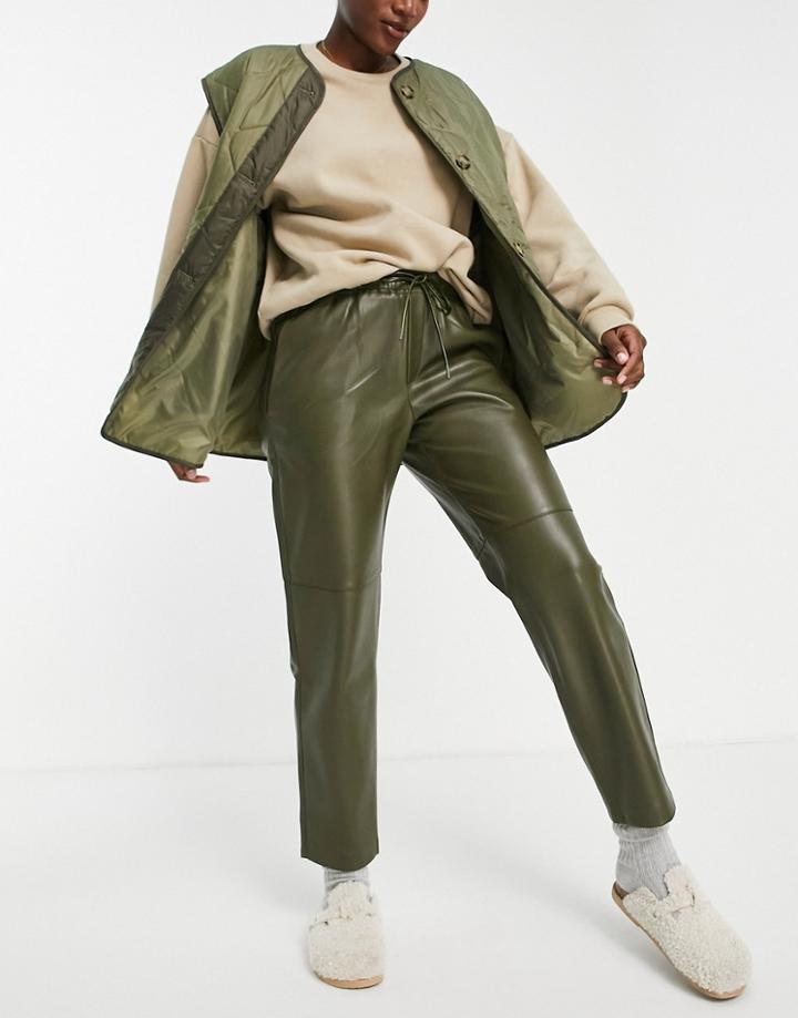 Mango Faux Leather Straight Leg Pants In Khaki-green