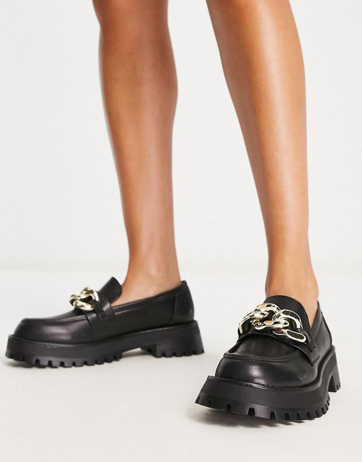 Stradivarius Chunky Flat Loafers With Chain Detail In Black