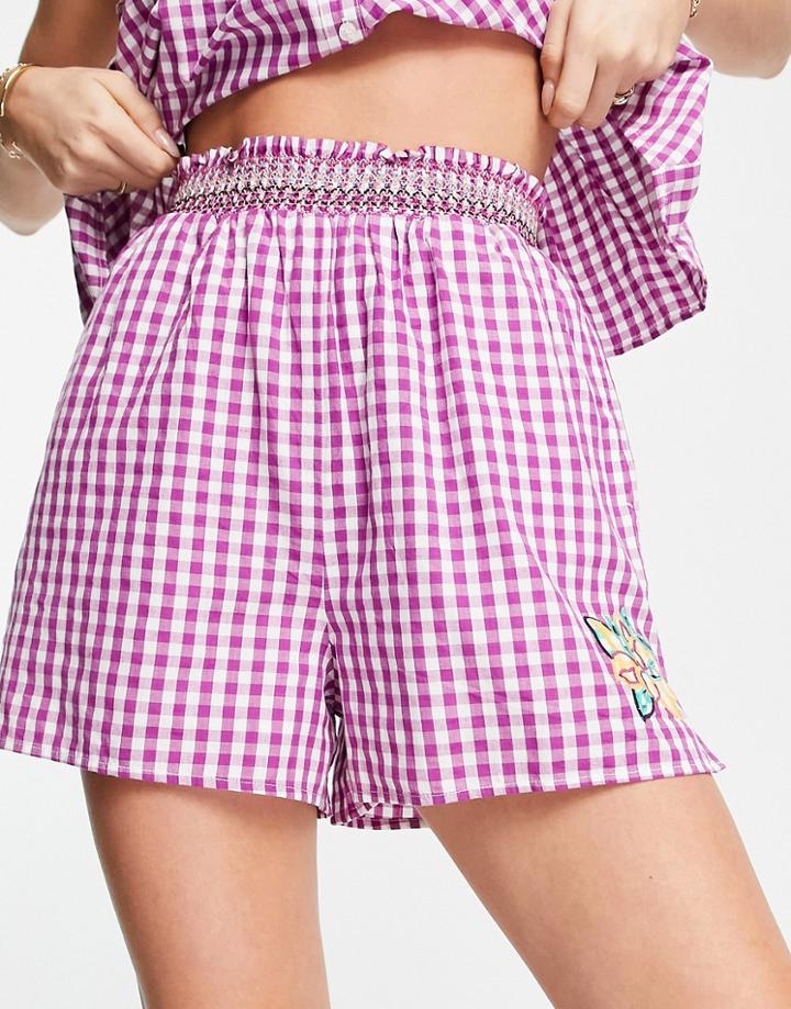French Connection Cotton Relaxed Picnic Shorts In Purple Gingham - Part Of A Set - Purple