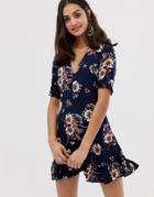 Parisian Floral Print V-front Tea Dress - Navy