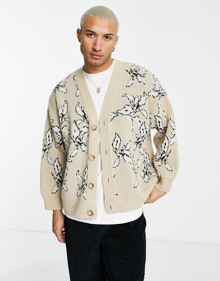 Topman Oversized Knit Cardigan With All Over Floral Print In Ecru-white
