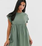 Asos Design Petite Button Sleeve Mini Smock Dress-green
