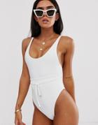 River Island Shirred Swimsuit With Belt In White