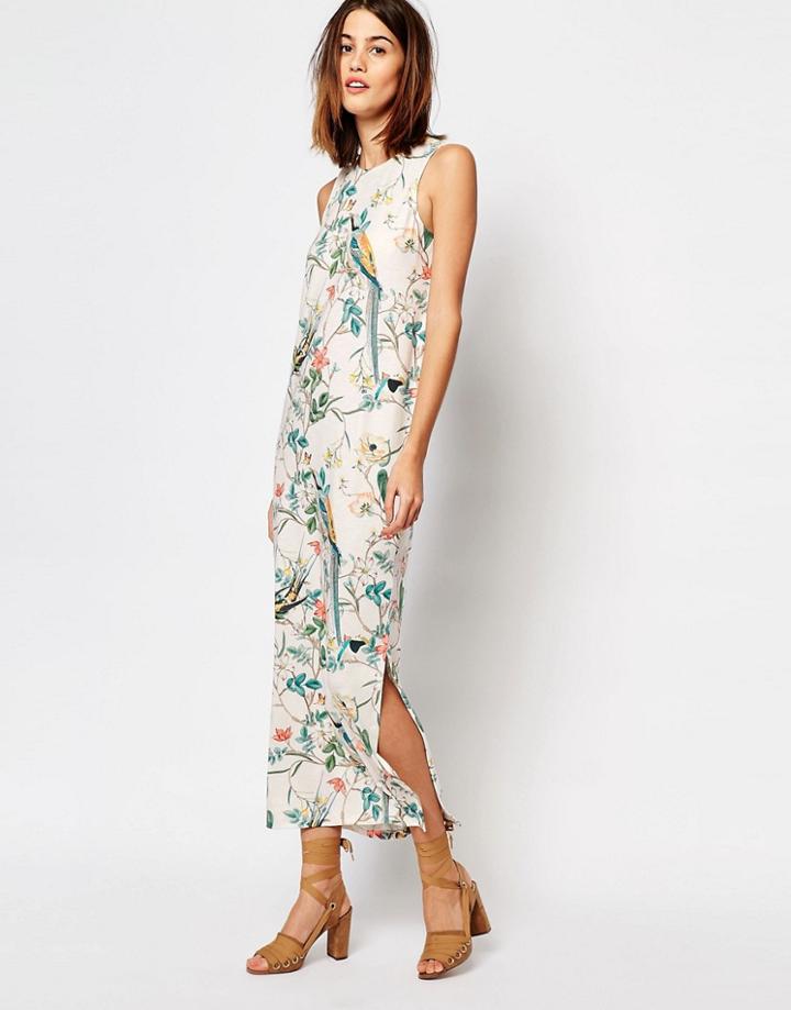 Warehouse Bird Print Column Midi Dress - Cream