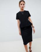 Asos Design Rib Pencil Dress With Peplum - Black