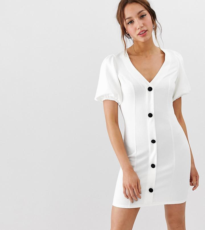 Asos Design Tall Seamed Mini Dress With Puff Sleeves And Contrast Buttons-white