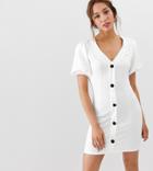 Asos Design Tall Seamed Mini Dress With Puff Sleeves And Contrast Buttons-white