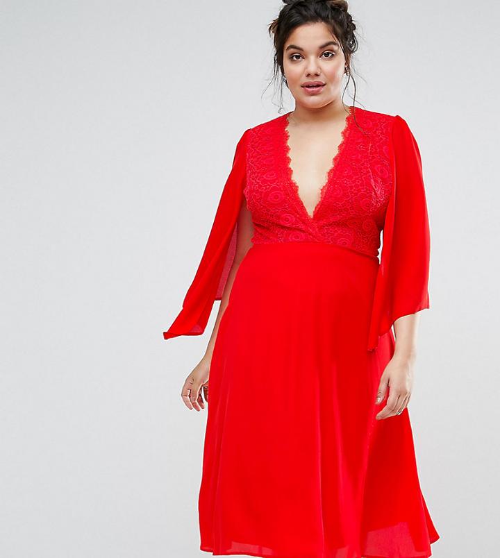 John Zack Plus Lace Midi Dress With Cape Detail - Red