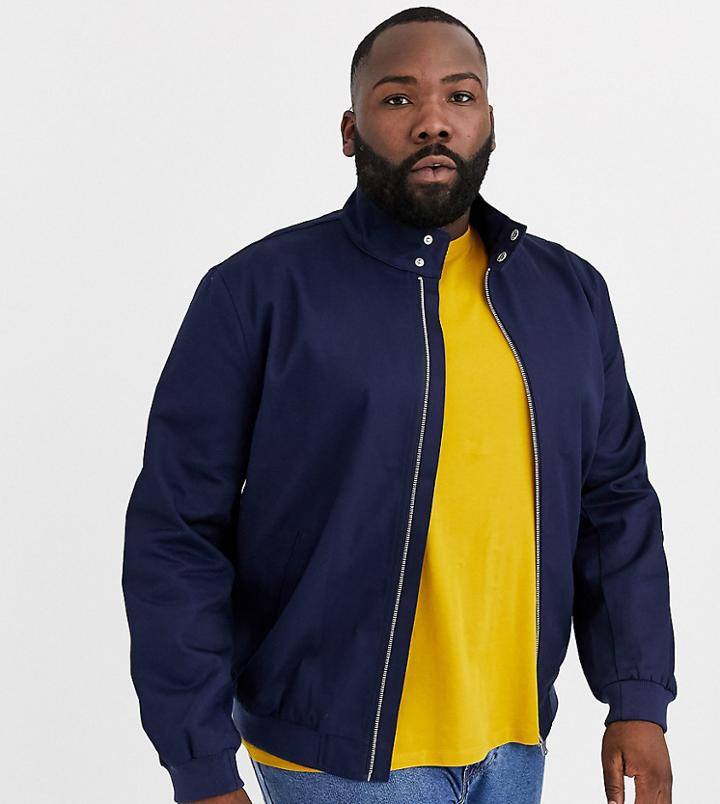 Asos Design Plus Harrington Jacket With Funnel Neck In Navy