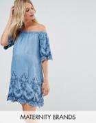 New Look Maternity Embroidered Off Shoulder Dress - Blue