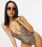 Asos Design Petite Ribbed Loop Strappy Back Swimsuit In Leopard Print-multi