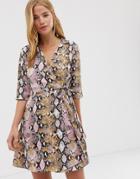 Qed London Wrap Front Shirt Dress In Snake Print - Multi