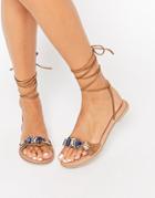 Asos Focus Leather Jewel Tie Leg Sandals - Tan