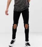 Asos Design Tall Spray On Jeans In Power Stretch Denim In Black With Open Rips