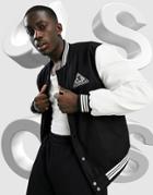 Asos Design Varsity Bomber Jacket With Faux-leather Sleeves In Black And White