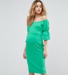 Asos Maternity Off Shoulder Dress With Bell Sleeve - Green