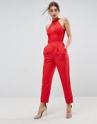 Asos Lace Top Jumpsuit With Halter Neck - Red