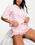 Topshop Pyjama Set Poplin Hawaiian Print Shirt And Frill Shorts In Pink