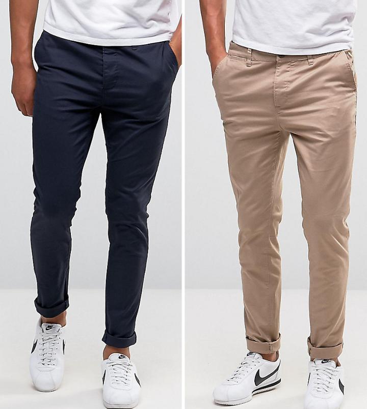 Asos Design 2 Pack Skinny Chinos In Navy & Stone Save-multi