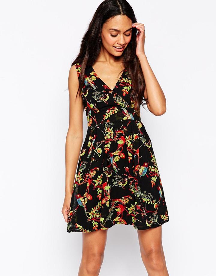 Yumi Wrap Front Dress In Bird Print - Black