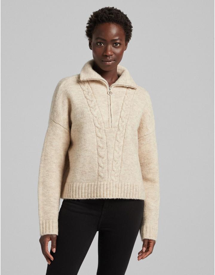 Bershka Cable Knit Detail Half Zip Sweater In Beige-neutral