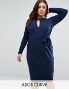 Asos Curve Tie Side Long Sleeve Dress With Plunge Midi - Navy