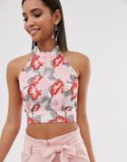 River Island High Neck Blouse With Tie Back Detail In Floral Print
