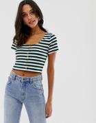 Native Youth Scoop Neck Top With Button Front In Stripe Rib - Green
