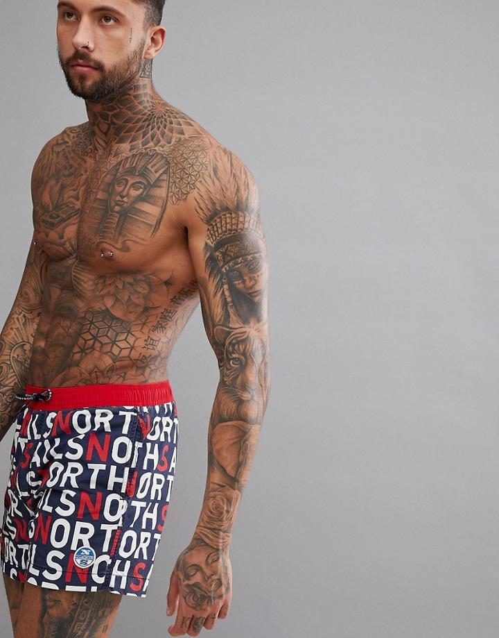 North Sails Volley Swim Short In All Over Logo Print - Navy