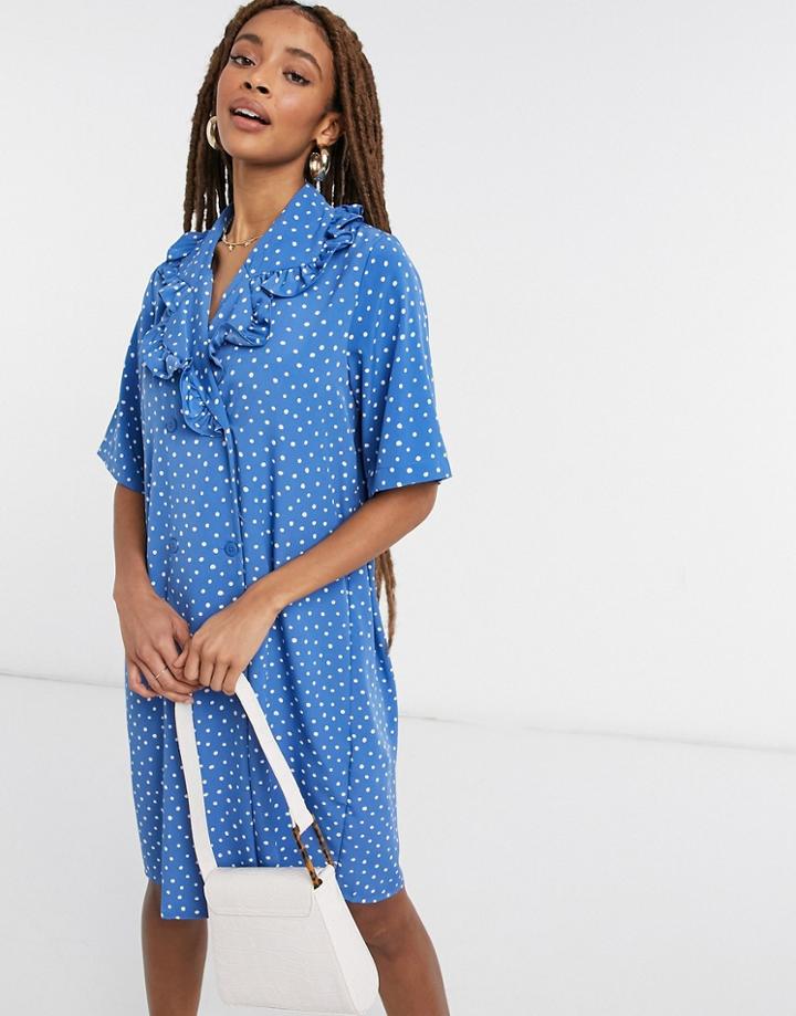 Monki Marian Short Sleeve Frill Collar Dress In Blue Spot-navy