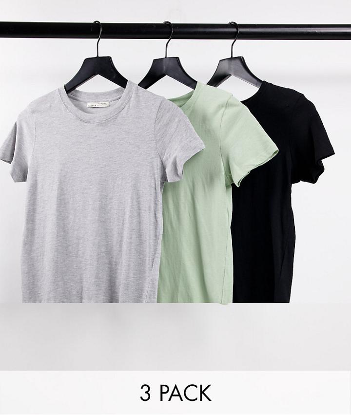 Pull & Bear Exclusive Multipack T-shirt In Black, Gray And Khaki