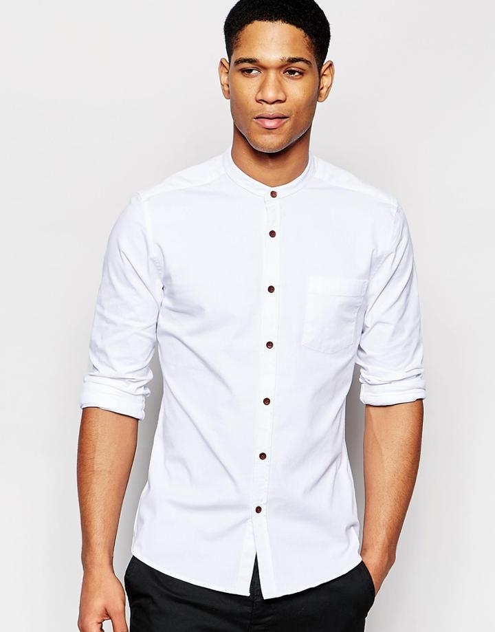 Asos Skinny Shirt In Twill With Grandad Collar - White
