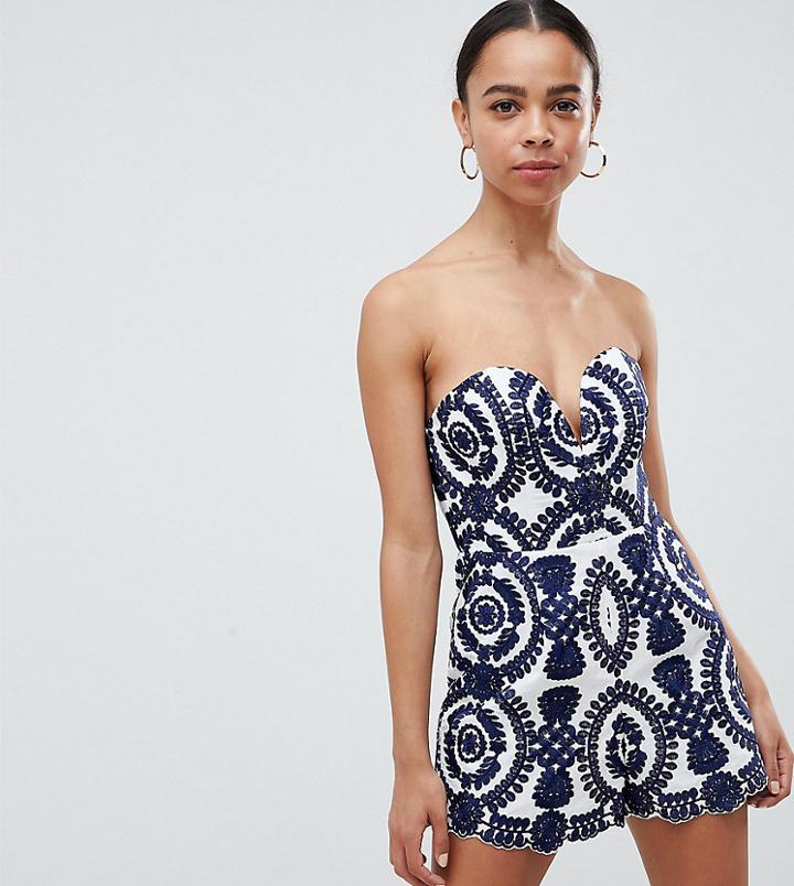 Asos Design Petite Bandeau Romper In Broderie - Navy