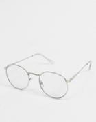 Asos Design Metal Round Clear Lens Glasses In Silver With Blue Light Filter