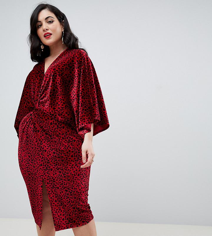 Flounce London Plus Velvet Twist Front Midi Dress In Red Animal - Red