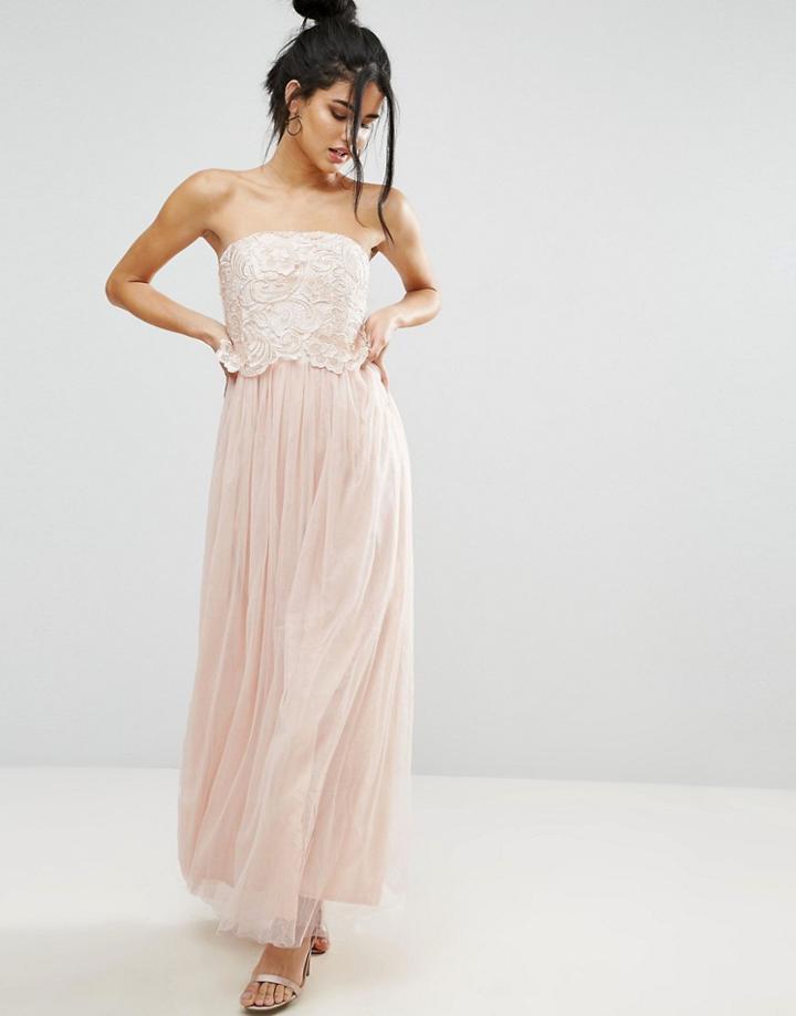 Little Mistress Lace Overlay Bandeau Prom Dress - Cream