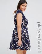 Yumi Plus Skater Dress With Belt In Butterfly Print - Navy