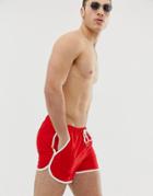 Asos Design Runner Swim Shorts In Red With White Binding - Red