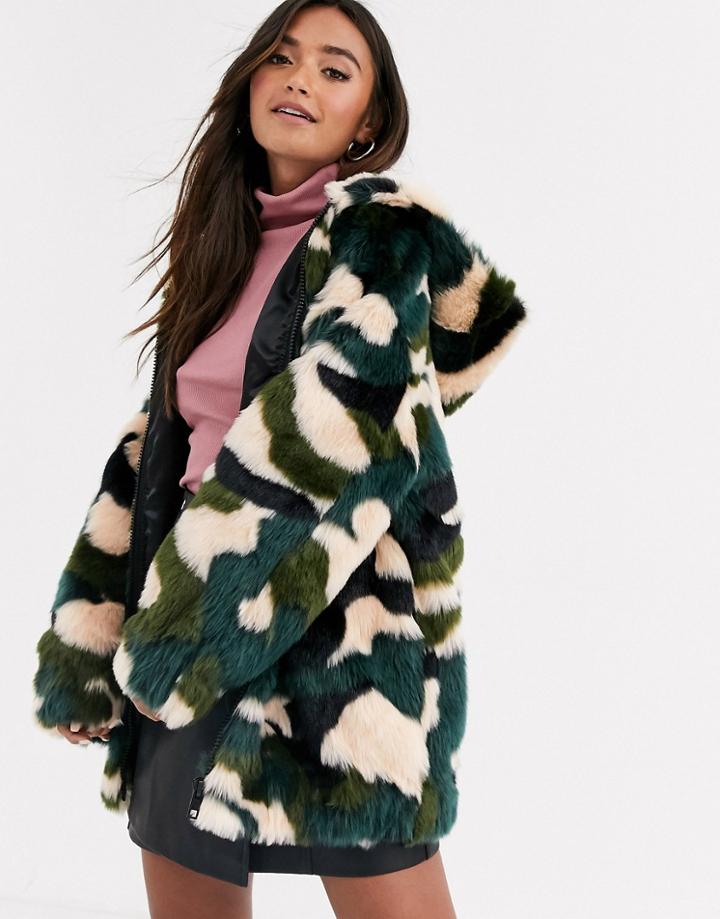 Asos Design Camo Faux Fur Zip Through Jacket