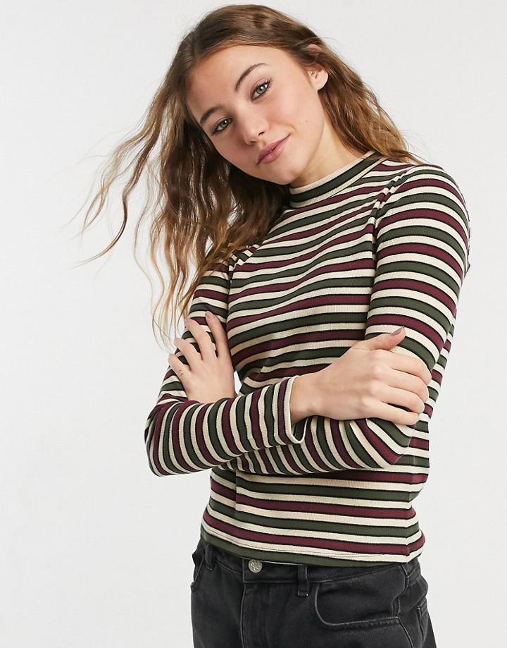 Monki Samina Organic Cotton Long Sleeve Rib Top In Stripe-multi