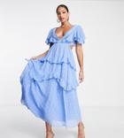 Asos Design Tall Textured Tiered Midi Dress With Lace Insert And Open Back In Blue-pink