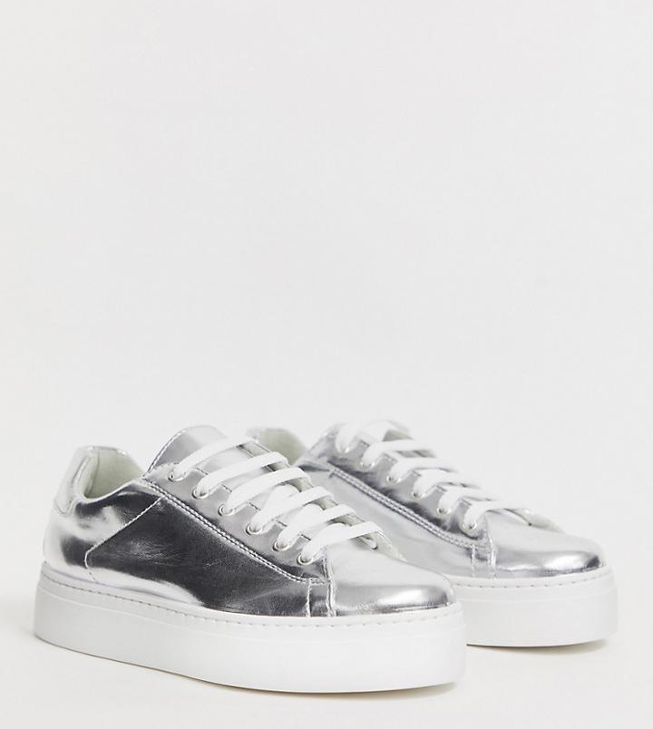 Asos Design Wide Fit Day Light Chunky Flatform Lace Up Sneakers In Silver - Silver