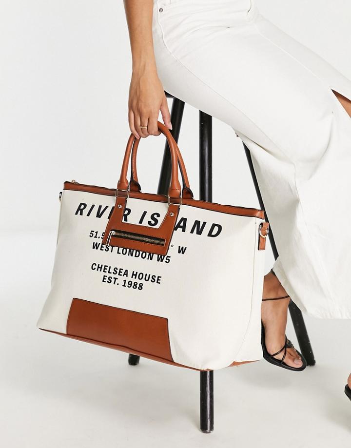 River Island Canvas Zip Weekend Bag In Beige-neutral