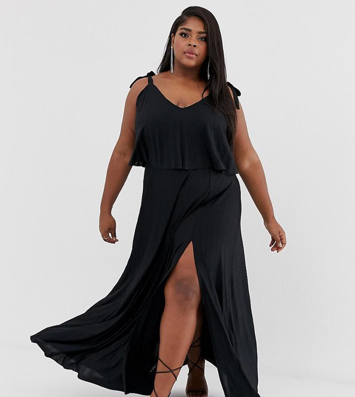 Asos Design Curve Tie Shoulder Pleated Crop Top Maxi Dress-black