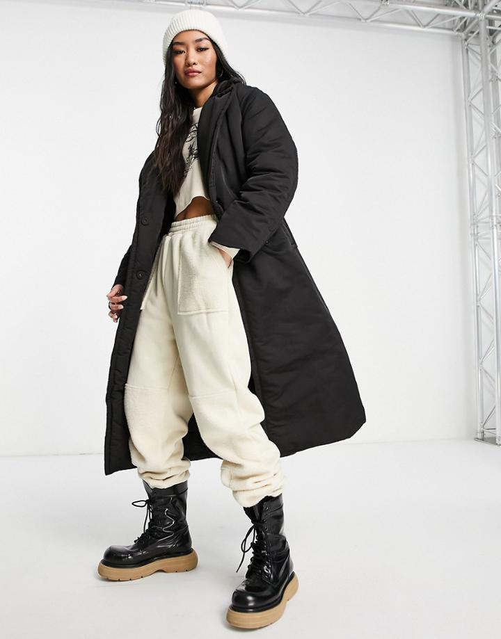Monki Padded Belted Duvet Coat In Black