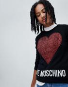 Love Moschino Glitter Heart Logo Sweater In Wool Cashmere Blend - Black