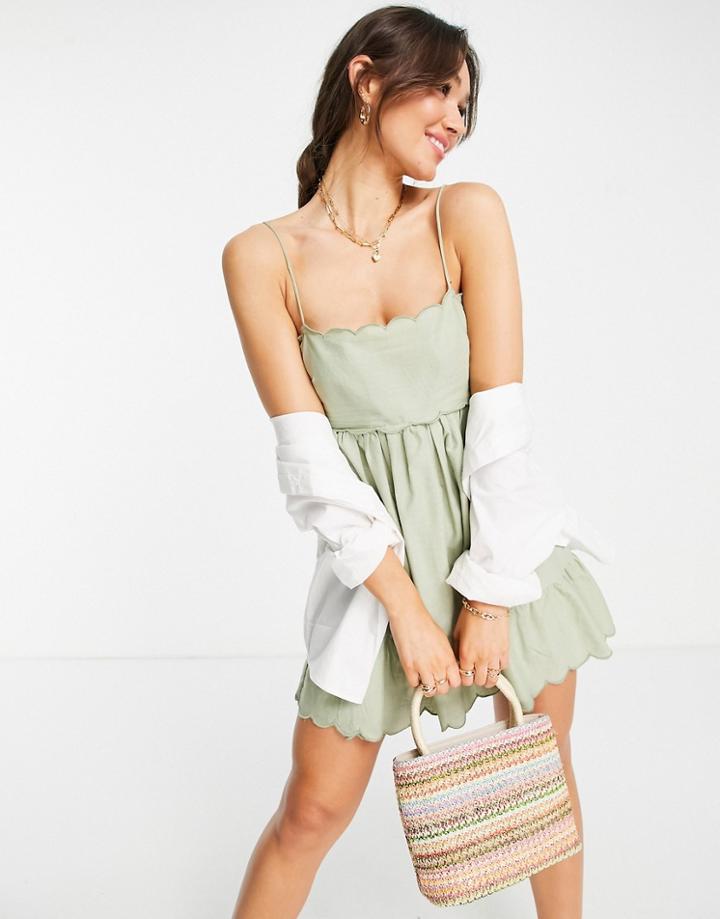 Asos Design Scalloped Edge Cut-out Back Mini Sundress In Khaki-green
