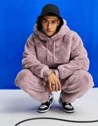 Asos Design Oversized Faux Fur Hoodie In Pink - Part Of A Set