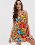 Asos Design Lace Up Front Beach Cover Up In Mexican Floral Print - Multi