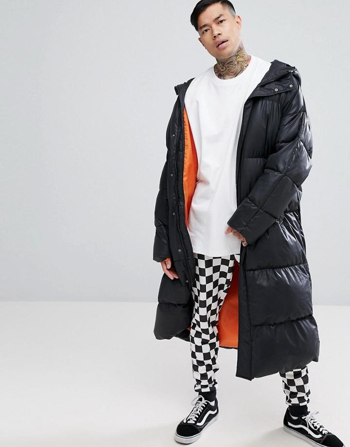 Asos Super Longline Oversized Puffer Jacket With Hood In Black - Black
